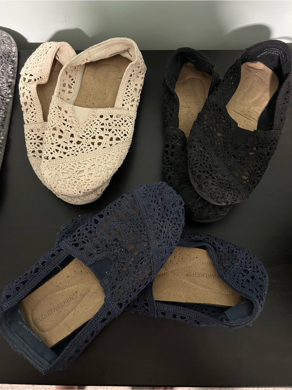 cloudwalkers Women's Crochet Slip-On Flats in Beige, Black & Navy Blue